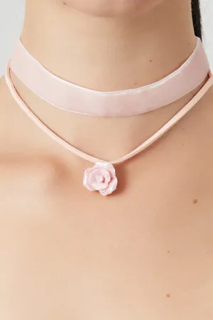 Forever 21 Women's Layered Velour Rose Choker Necklace Pink/Gold Forever 21