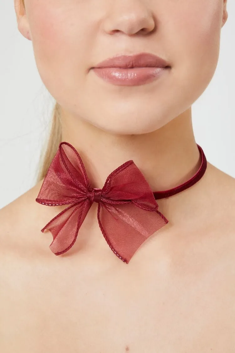 Forever 21 Women's Mesh Bow Choker Necklace Red Forever 21