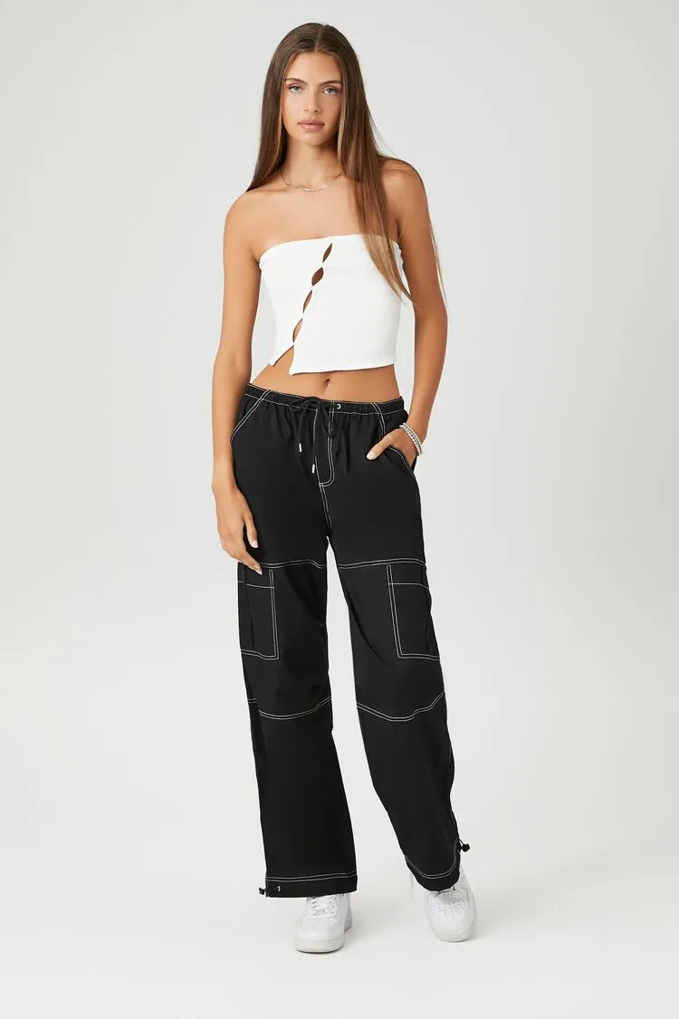 Forever 21 Women's Poplin Contrast-Seam Cargo Pants Black/White Forever 21