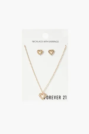 Forever 21 Women's Rhinestone Heart Earring & Necklace Set Gold Forever 21