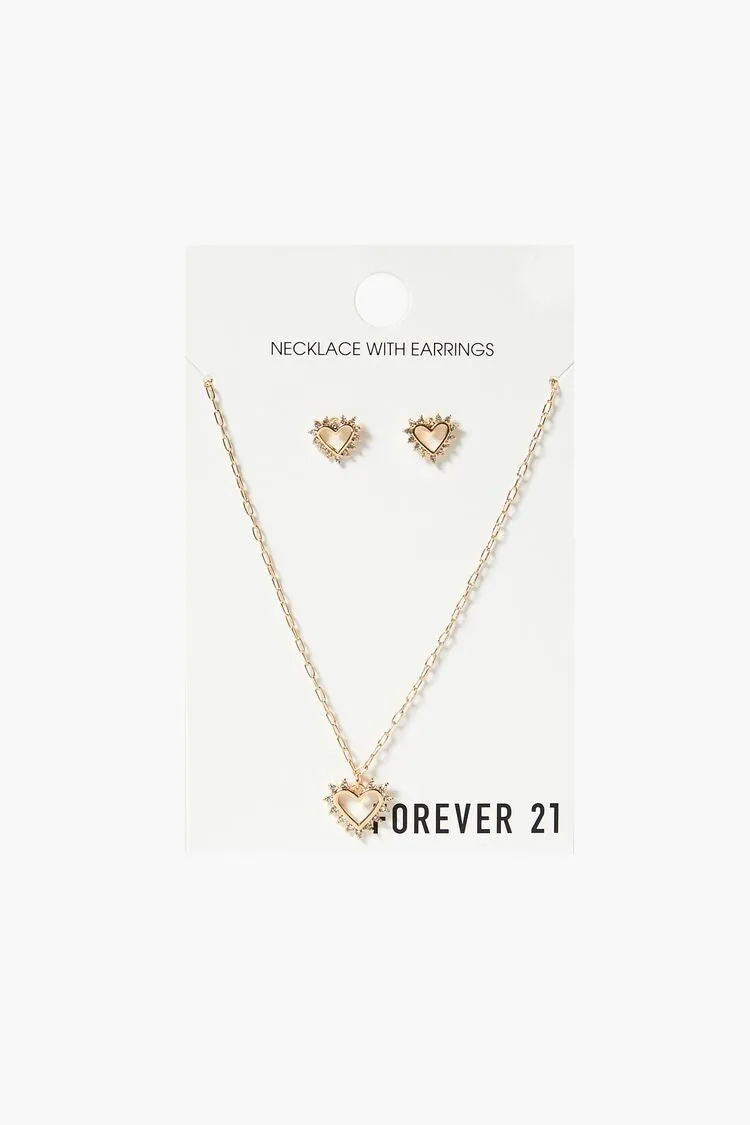 Forever 21 Women's Rhinestone Heart Earring & Necklace Set Gold Forever 21