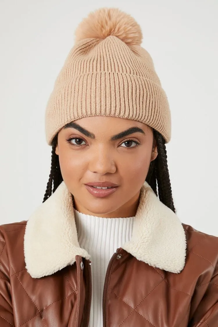 Forever 21 Women's Ribbed Pom Pom Beanie Tan Forever 21