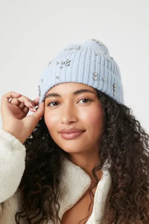Forever 21 Women's Ribbed Rhinestone Beanie Light Blue Forever 21