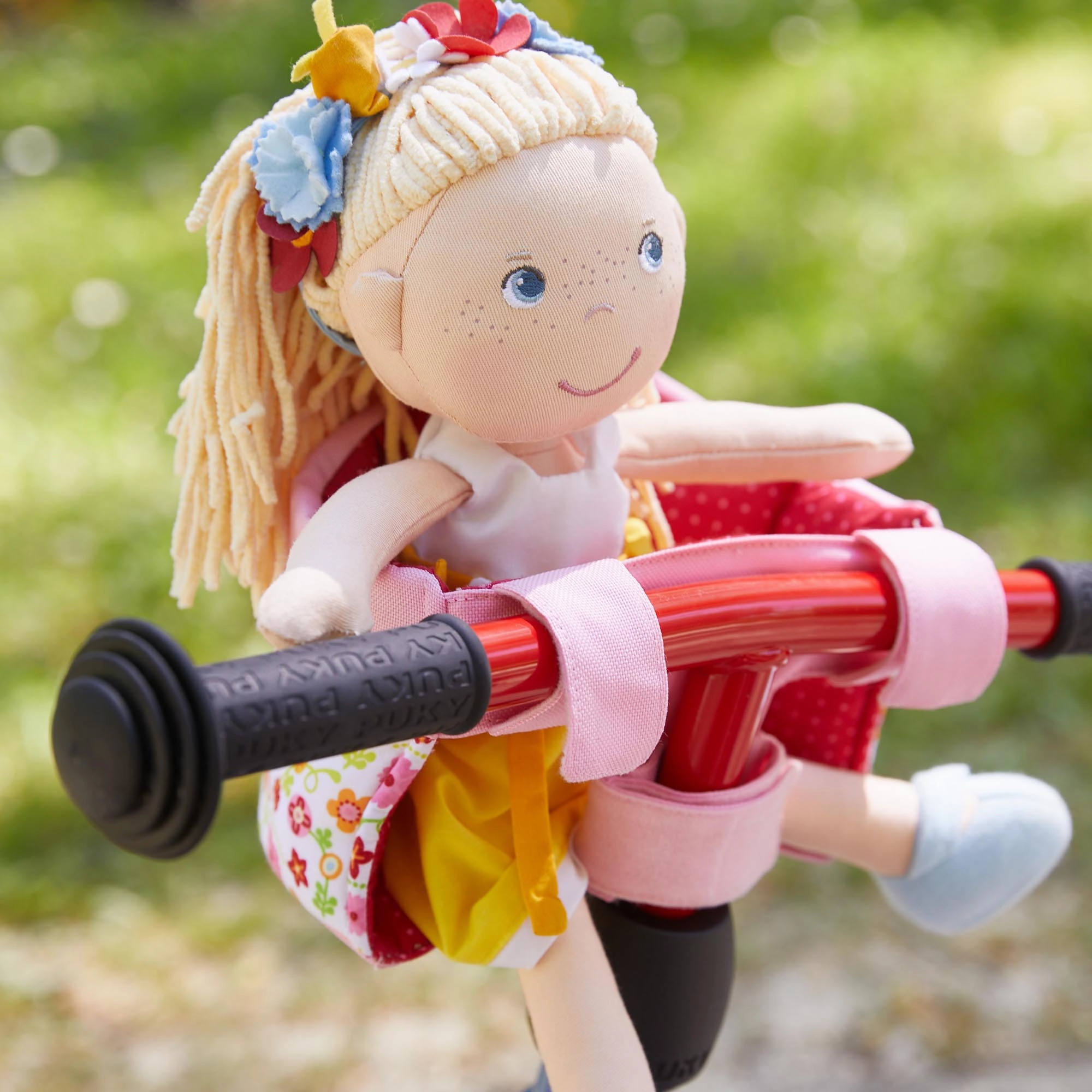 HABA Soft Doll's Bike Seat - Flower Meadow Design, Easy Attach