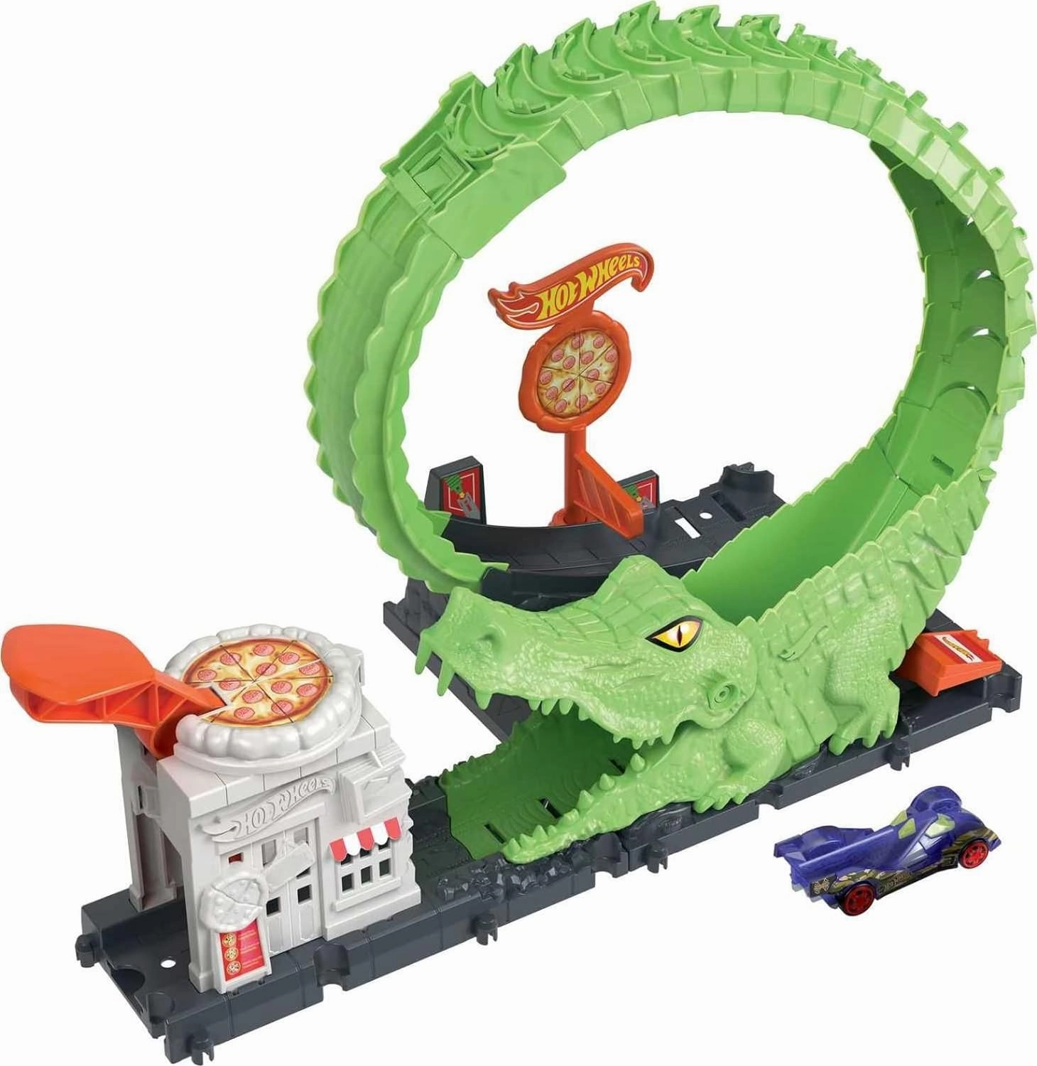Hot Wheels Track Set with 1 Hot Wheels Car, Adjustable Track That Connects to Other Sets, Gator Loop Pizza Place Playset