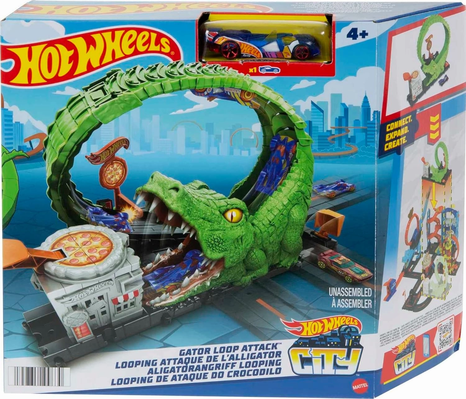 Hot Wheels Track Set with 1 Hot Wheels Car, Adjustable Track That Connects to Other Sets, Gator Loop Pizza Place Playset