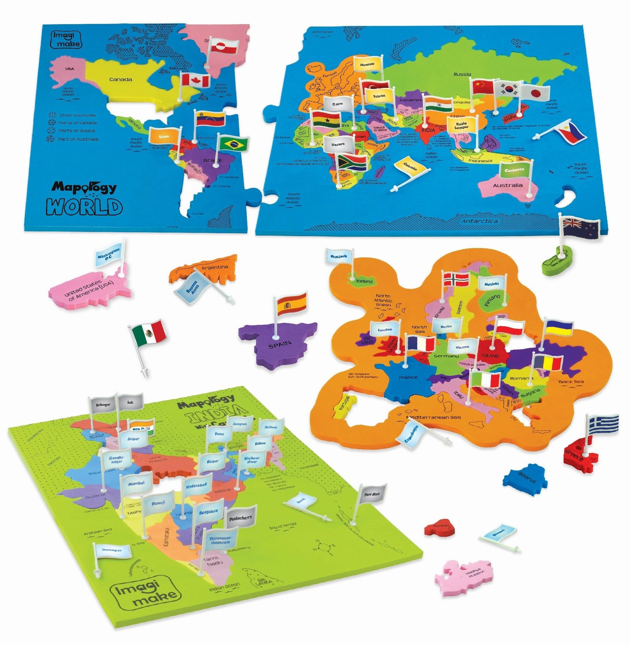 Imagimake Mapology Combo: Map Puzzle of India and World with Capitals and Flags of Country