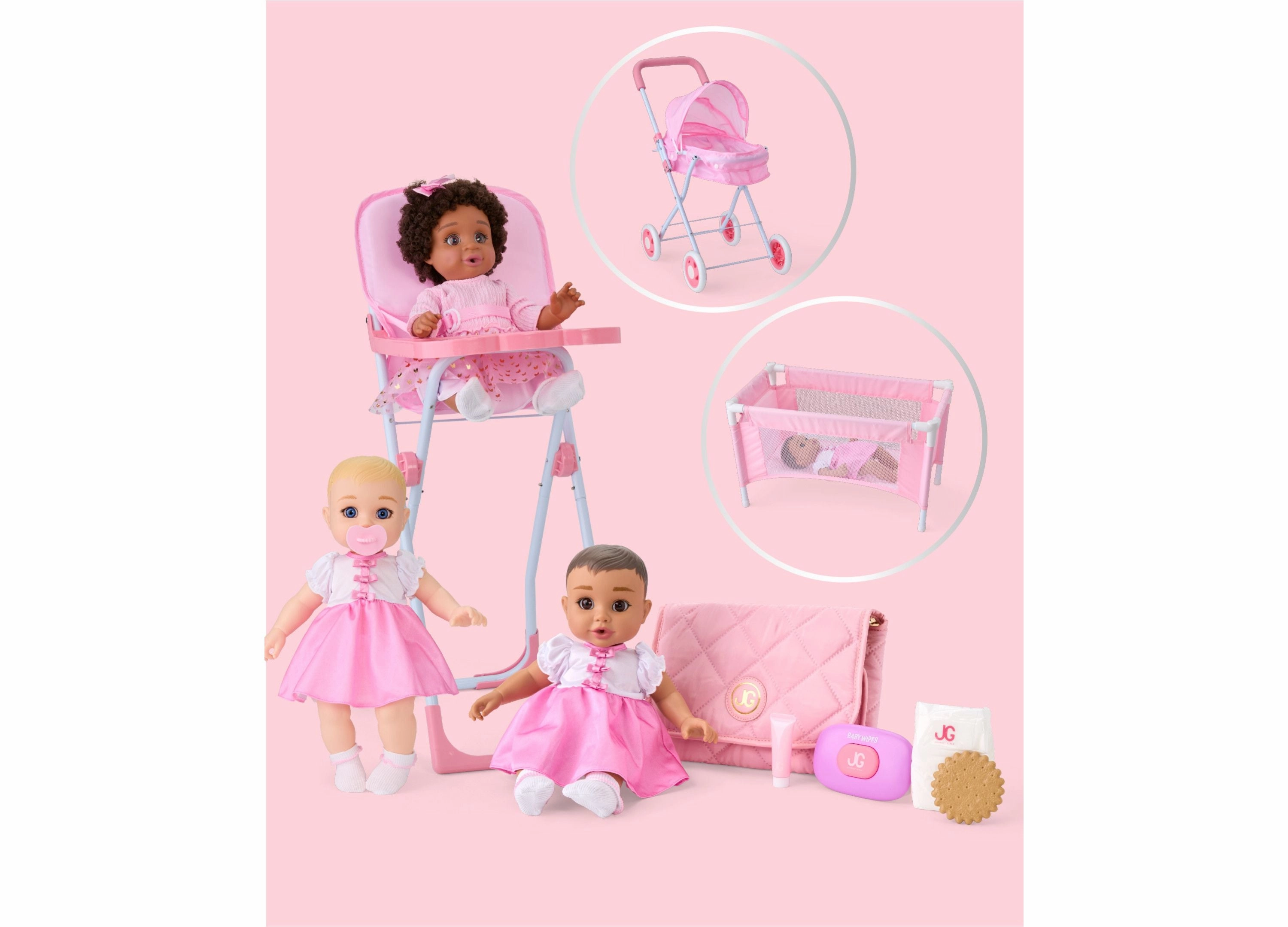 Journey Girls Pastel Pink Baby Doll Crib Playset