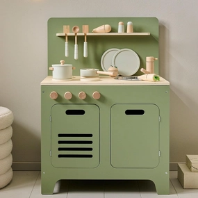 Kiddies Kingdom Wooden Toy Kitchen - Olive Green & Dusty Pink Imaginative Play For Ages 3 and Above