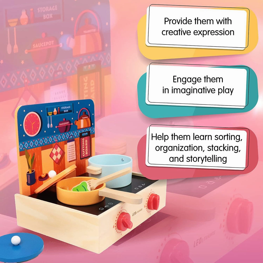 LEO & FRIENDS 2-In-1 Wooden Mini Kitchen Playset - 15pcs