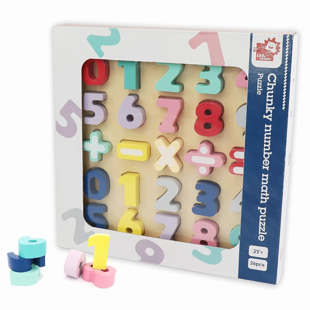 LEO & FRIENDS Colorful Wooden Chunky Number Math Puzzle - 26 Pieces, Learning Toy