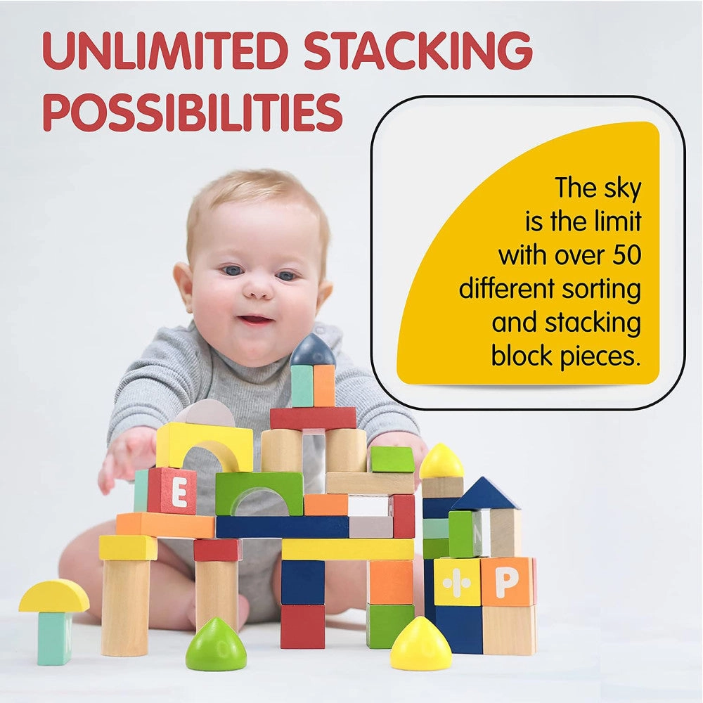 LEO & FRIENDS Count & Spell Building Block Set - 50 Colorful Wooden Pieces