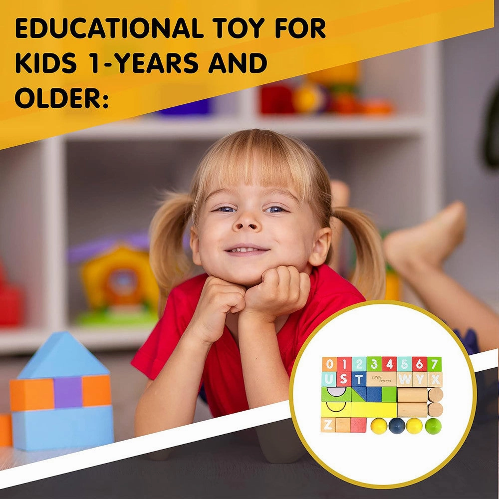 LEO & FRIENDS Count & Spell Building Block Set - 50 Colorful Wooden Pieces
