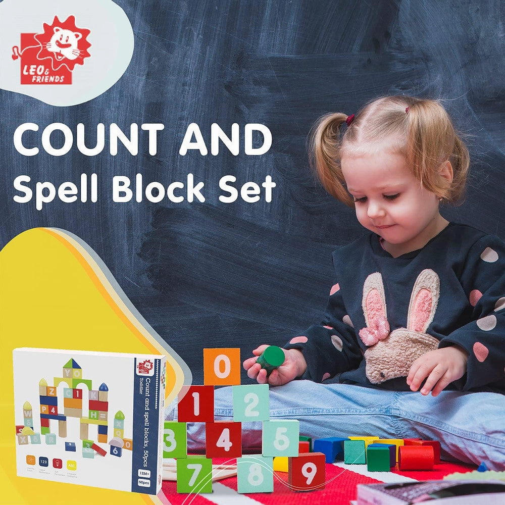 LEO & FRIENDS Count & Spell Building Block Set - 50 Colorful Wooden Pieces