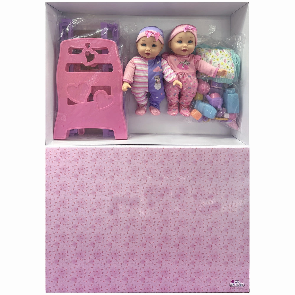 Little Darlings 12" - Twin Dolls Bedtime Fun Set 29pc - Pink, Purple, Green - Playset for Kids Ages 2 