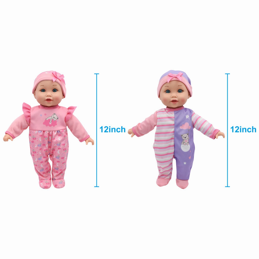 Little Darlings 12" - Twin Dolls Bedtime Fun Set 29pc - Pink, Purple, Green - Playset for Kids Ages 2 