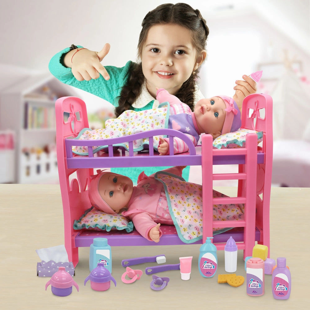 Little Darlings 12" - Twin Dolls Bedtime Fun Set 29pc - Pink, Purple, Green - Playset for Kids Ages 2 