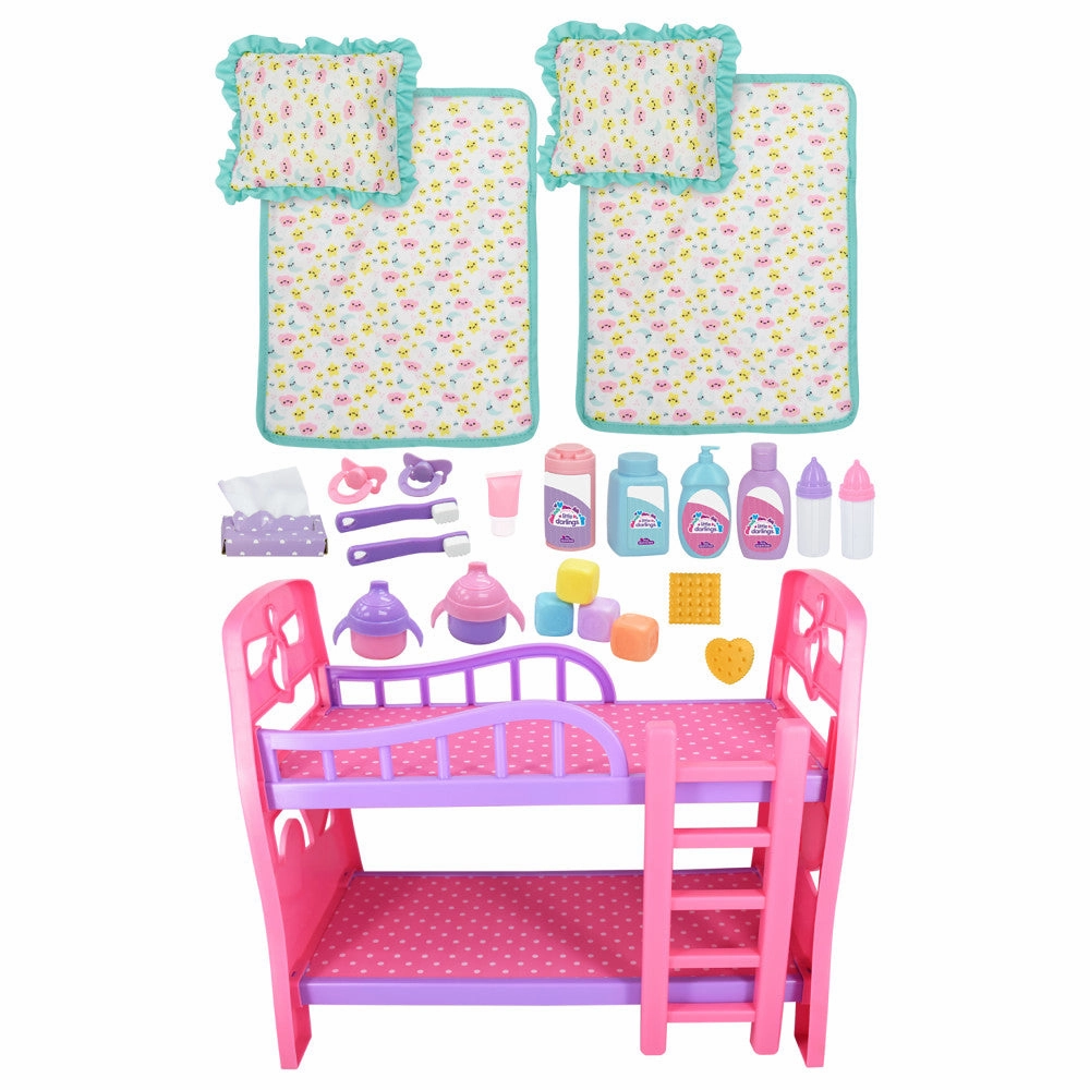 Little Darlings 12" - Twin Dolls Bedtime Fun Set 29pc - Pink, Purple, Green - Playset for Kids Ages 2 