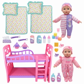 Little Darlings 12" - Twin Dolls Bedtime Fun Set 29pc - Pink, Purple, Green - Playset for Kids Ages 2 