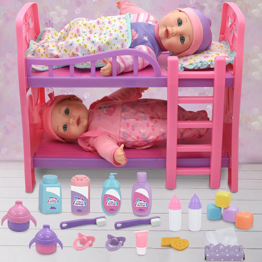 Little Darlings 12" - Twin Dolls Bedtime Fun Set 29pc - Pink, Purple, Green - Playset for Kids Ages 2 