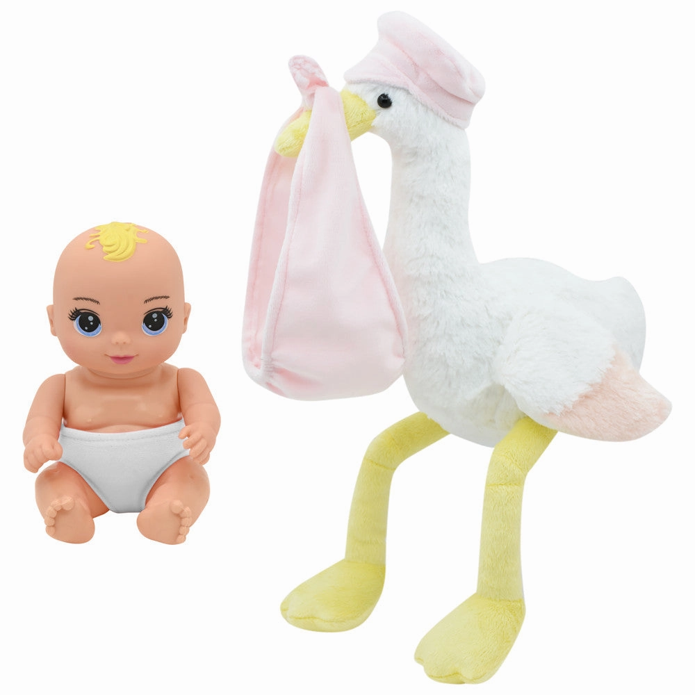 Magic Nursery 8-inch Special Delivery Set - Posable Newborn Baby Doll with Plush Stork, Pink