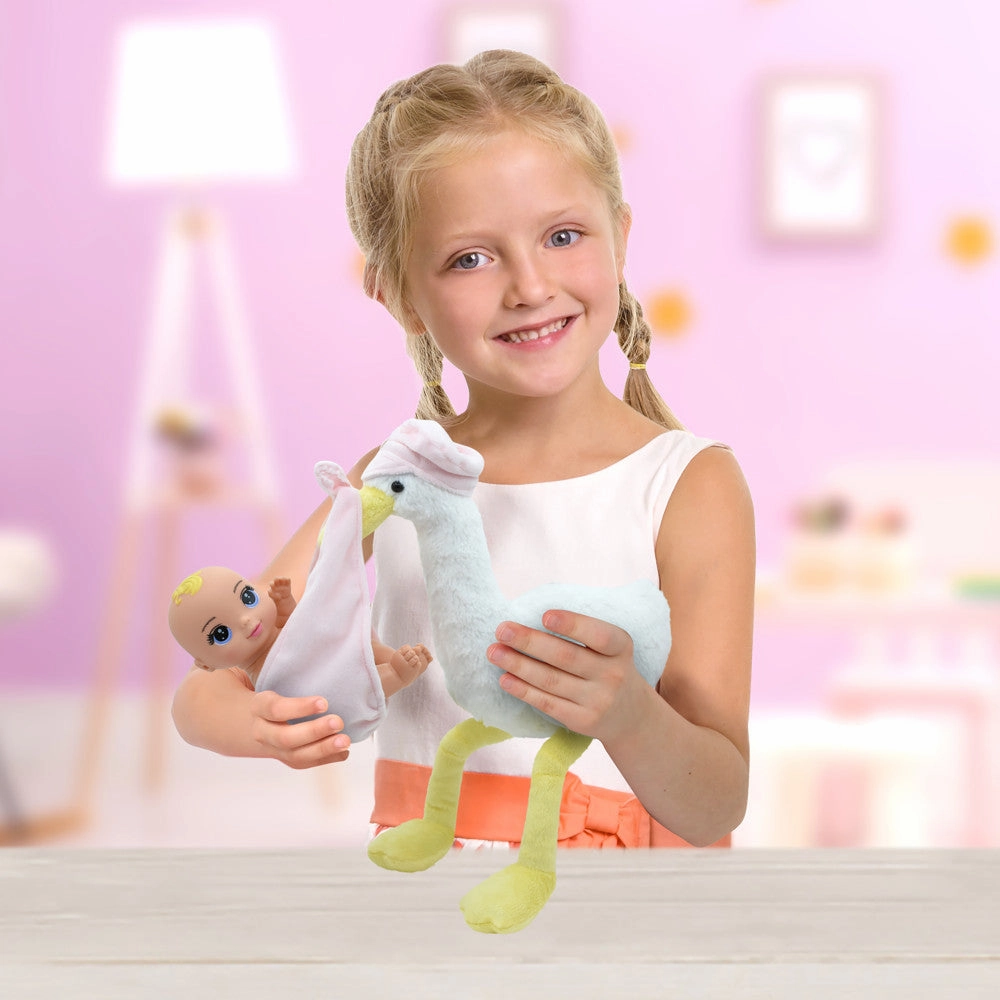 Magic Nursery 8-inch Special Delivery Set - Posable Newborn Baby Doll with Plush Stork, Pink