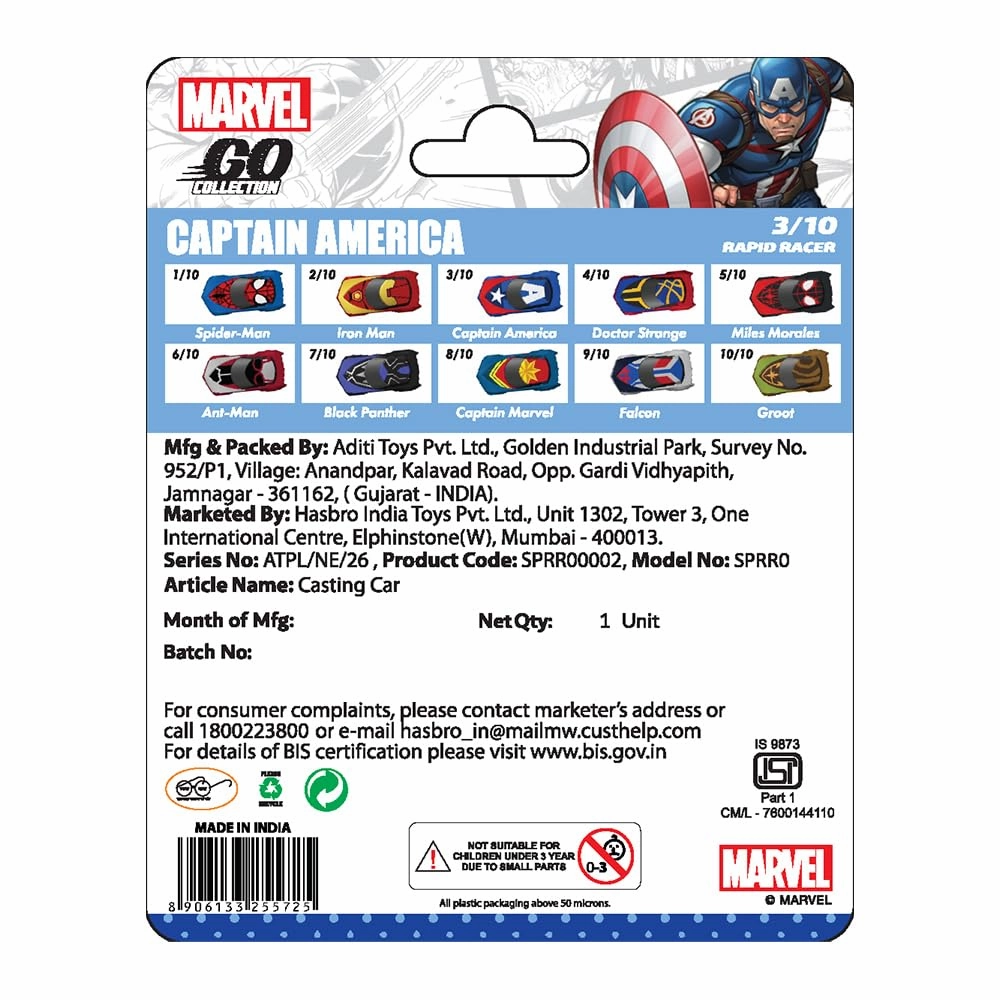 Marvel Go 1:64 Diecast Captain America Rapid Racer Toy Car for Collection for Ages 3 years and up