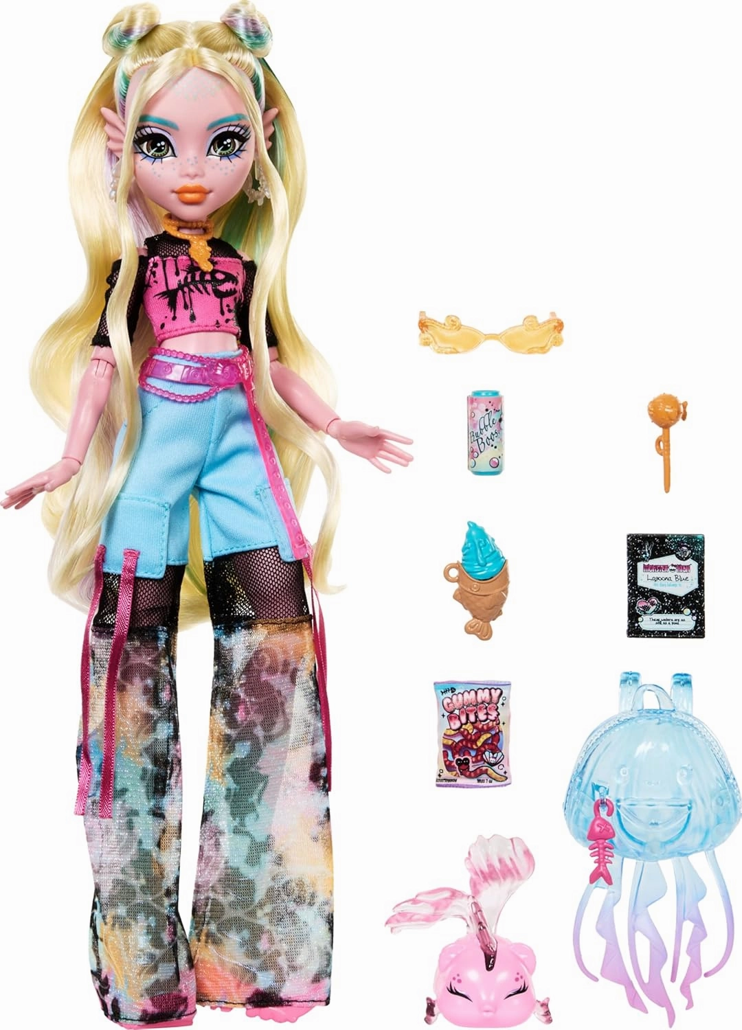 Monster High Lagoona Blue Doll In Mesh Tee And Cargo Pants, Includes Pet Fish Neptuna And Accessories Like A Backpack, Snack And Notebook