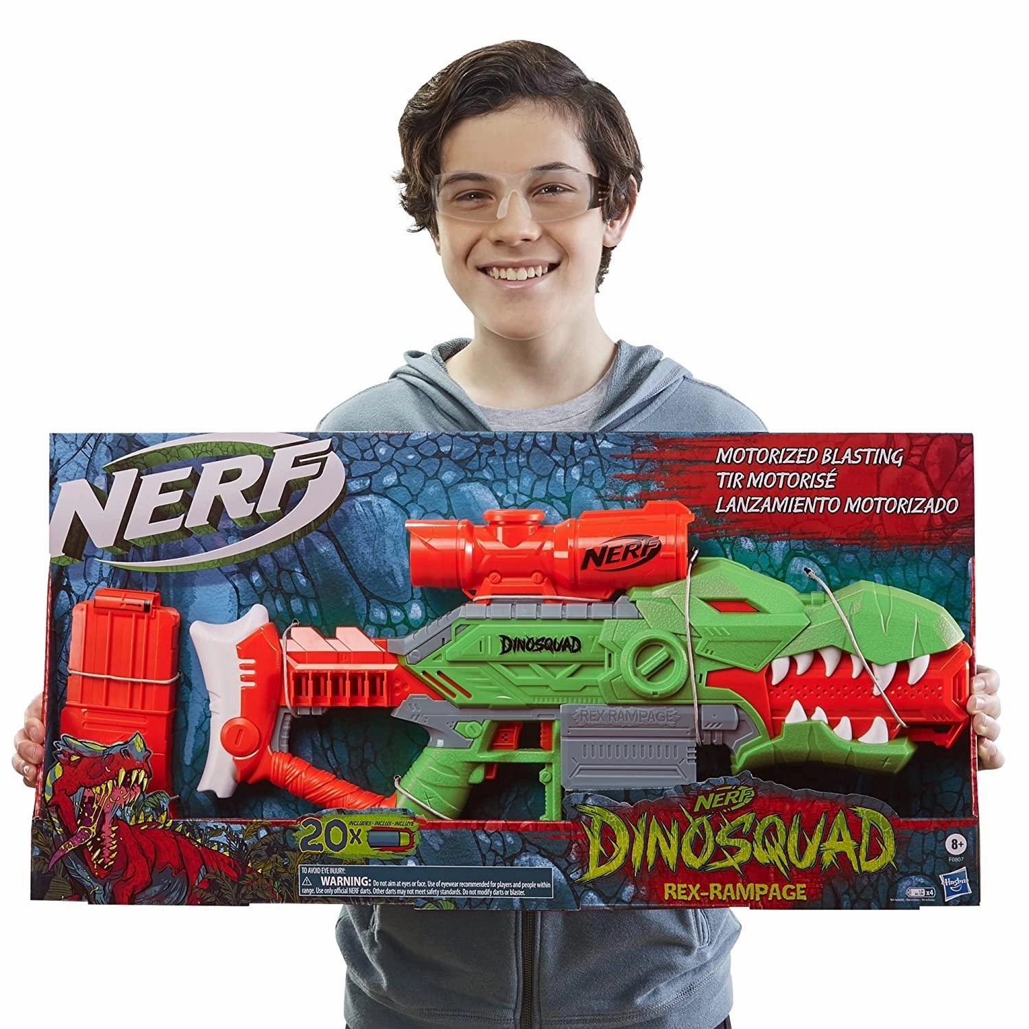 Nerf DinoSquad Rex-Rampage Motorized Dart Blaster, 10-Dart Clip, 20 Official Nerf Darts, 10-Dart Storage- T-Rex Dinosaur Design