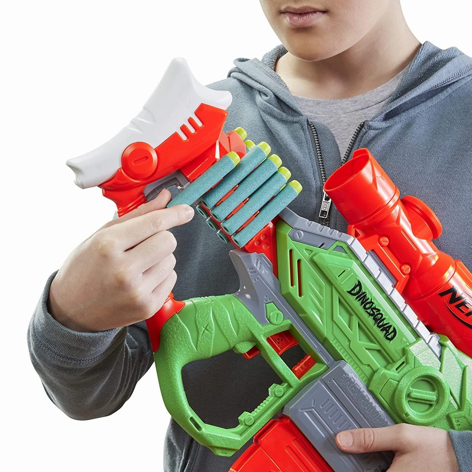 Nerf DinoSquad Rex-Rampage Motorized Dart Blaster, 10-Dart Clip, 20 Official Nerf Darts, 10-Dart Storage- T-Rex Dinosaur Design