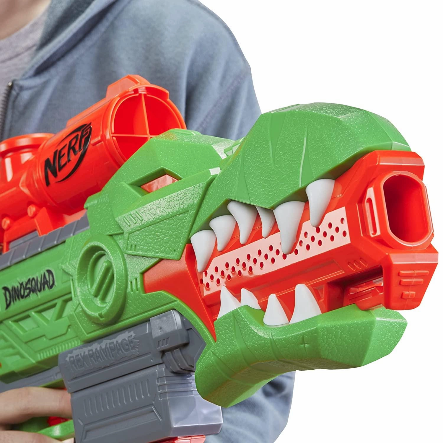 Nerf DinoSquad Rex-Rampage Motorized Dart Blaster, 10-Dart Clip, 20 Official Nerf Darts, 10-Dart Storage- T-Rex Dinosaur Design