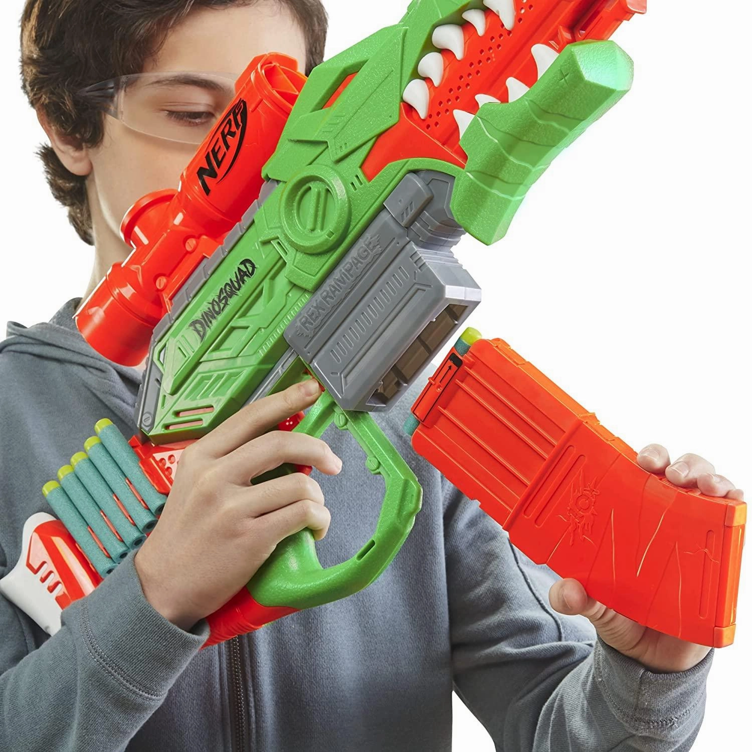 Nerf DinoSquad Rex-Rampage Motorized Dart Blaster, 10-Dart Clip, 20 Official Nerf Darts, 10-Dart Storage- T-Rex Dinosaur Design
