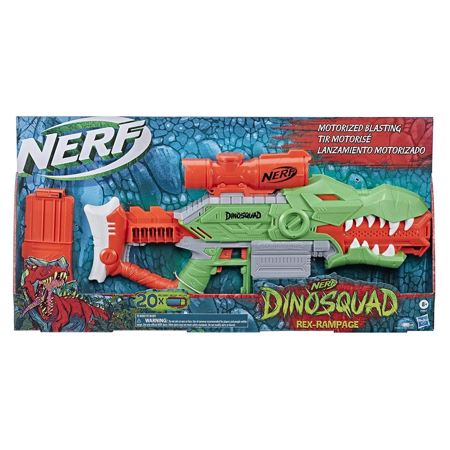 Nerf DinoSquad Rex-Rampage Motorized Dart Blaster, 10-Dart Clip, 20 Official Nerf Darts, 10-Dart Storage- T-Rex Dinosaur Design