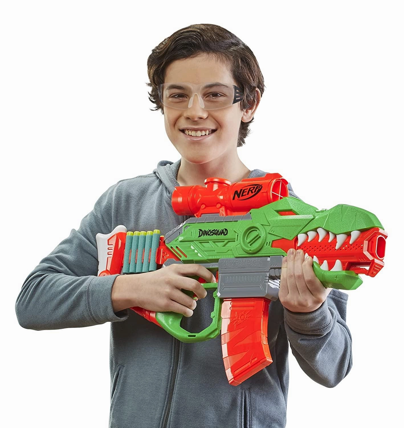 Nerf DinoSquad Rex-Rampage Motorized Dart Blaster, 10-Dart Clip, 20 Official Nerf Darts, 10-Dart Storage- T-Rex Dinosaur Design