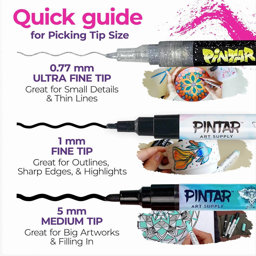 Pintar Glitter Collection Acrylic Paint Markers - Extra Fine Tip 0.7mm, 14 Pack