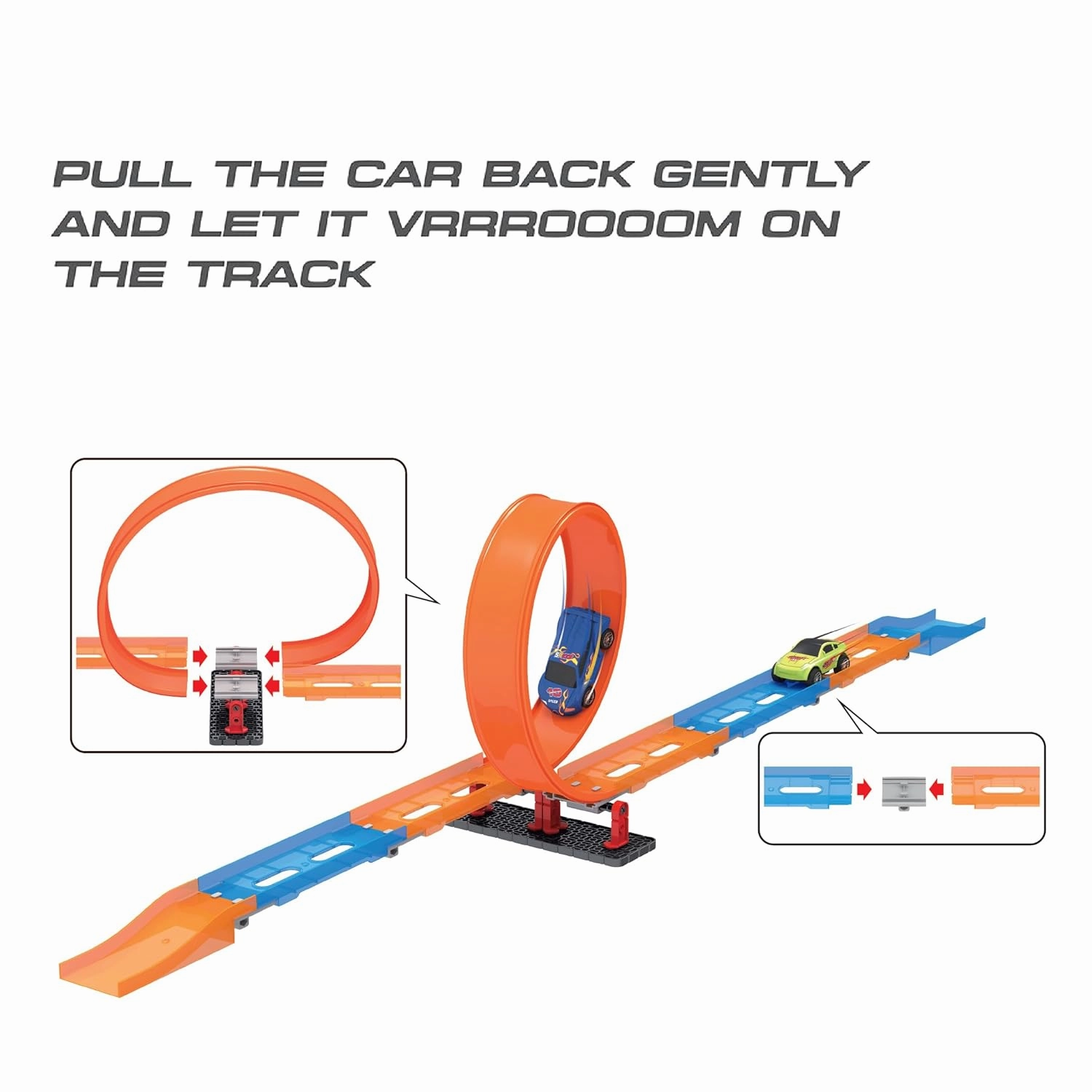 Playzu 23 pcs Single 360 Degree Loop Racing Track Game with Building Block Sets and One Strong 1:64 Scaled Pull Back Car and Track Easy to Assemble for Ages 6 