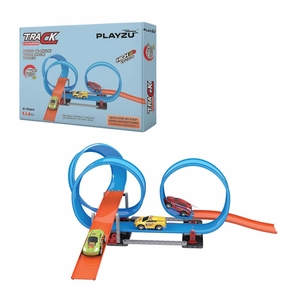 Playzu 55 pcs Triple 360 Degree Loops Racing Track Game with Building Block Sets and One Strong 1:64 Scaled Pull Back Car for Ages 6 