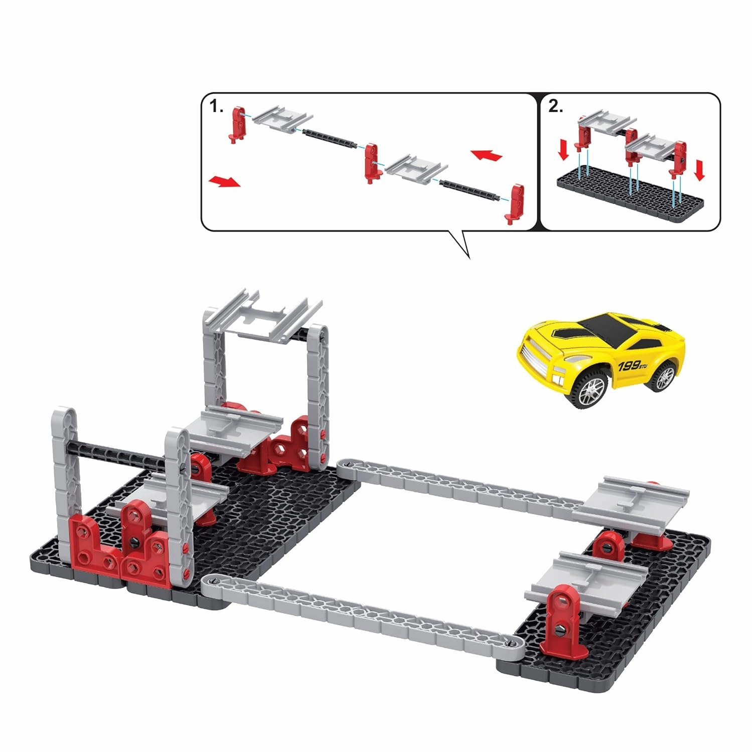 Playzu 55 pcs Triple 360 Degree Loops Racing Track Game with Building Block Sets and One Strong 1:64 Scaled Pull Back Car for Ages 6 