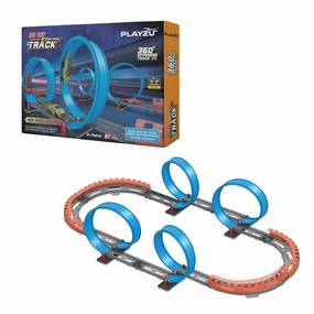Playzu High Speed Pull Back -4A 66 pcs Four 360 Degree Loops Racing Track Game with Building Block Sets and Two Strong 1:64 Scaled Pull Back Cars for Ages 6 