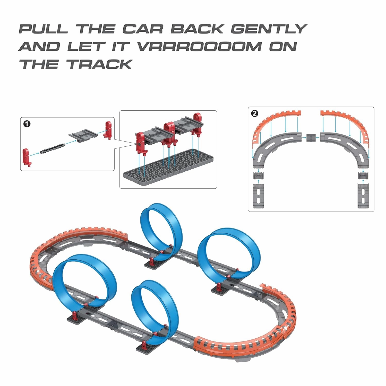 Playzu High Speed Pull Back -4A 66 pcs Four 360 Degree Loops Racing Track Game with Building Block Sets and Two Strong 1:64 Scaled Pull Back Cars for Ages 6 