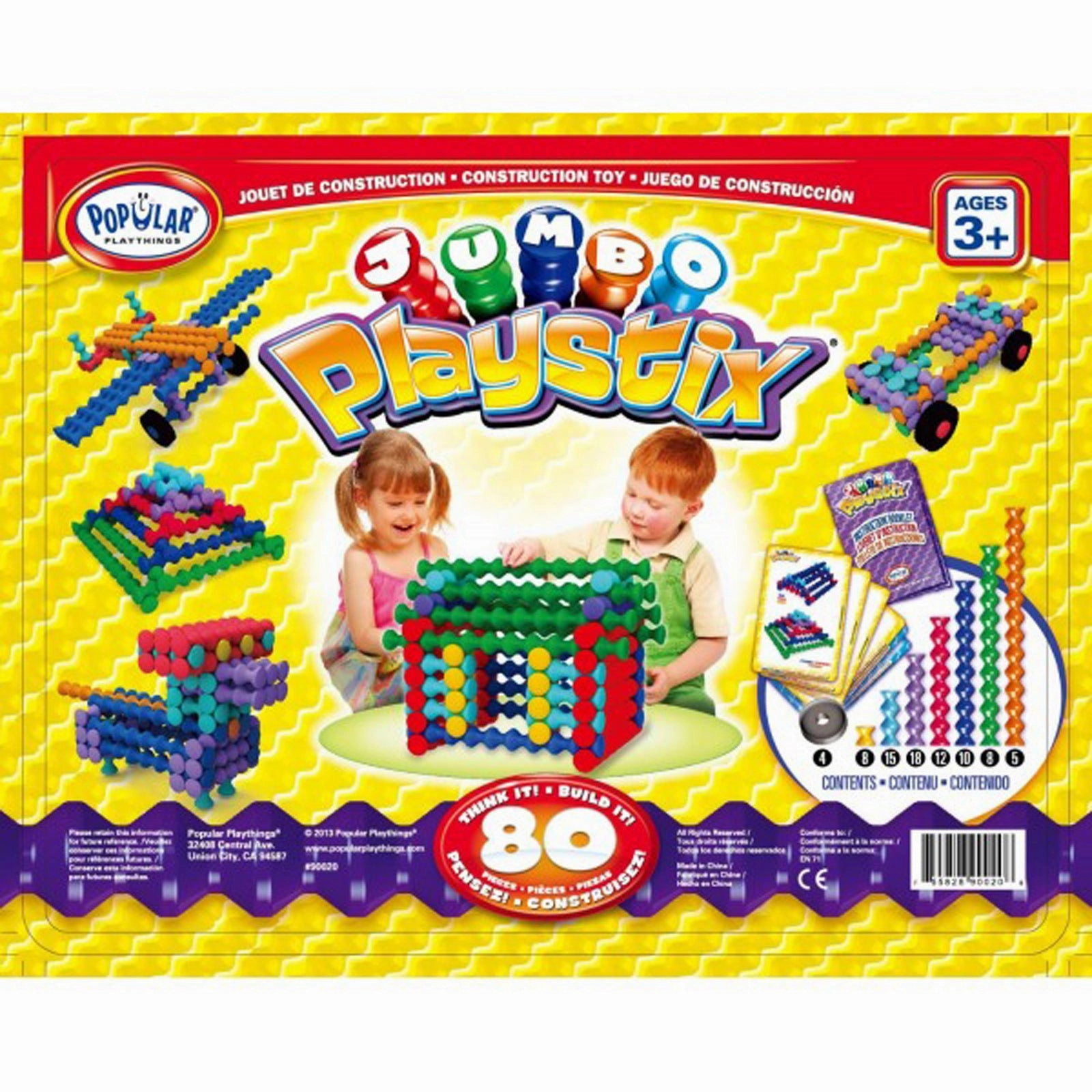 Popular Playthings Jumbo Playstix 80-Piece Set - Colorful Construction Toy