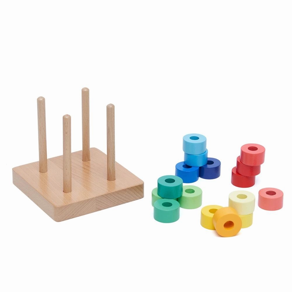 Sort And Stack Puzzle Shaded Wooden Rainbow Discs on Four Vertical Rods - Montessori Toys