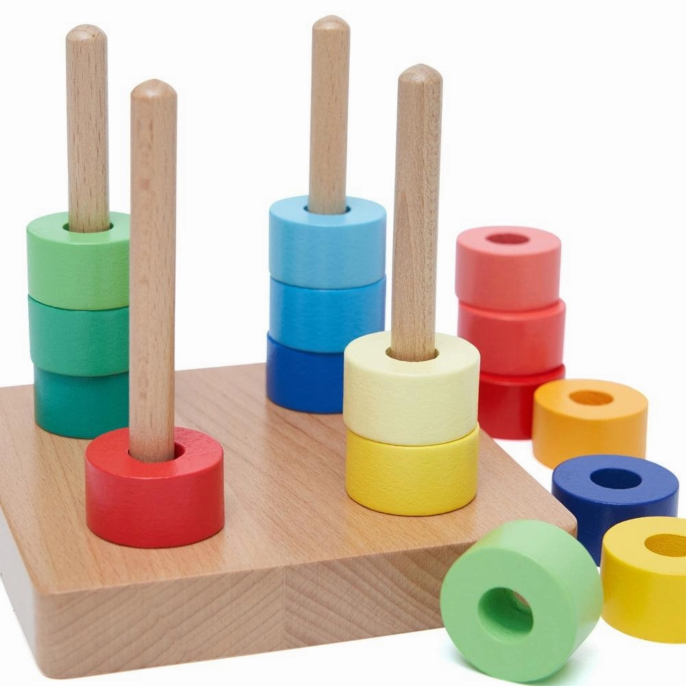 Sort And Stack Puzzle Shaded Wooden Rainbow Discs on Four Vertical Rods - Montessori Toys