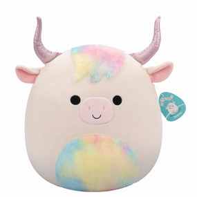 Squishmallows 14 Inch Series 20 Dagnus Tan Highland Cow With Rainbow Tie Dye Belly