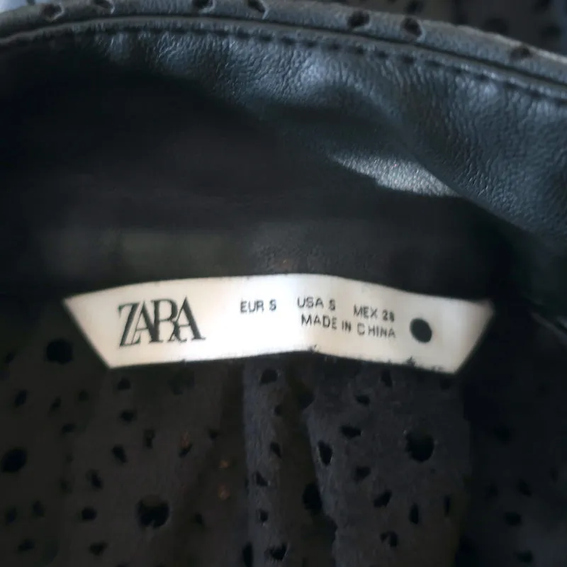 Zara Laser Cut Faux Leather Blouse Black Size Small Long Sleeve Top