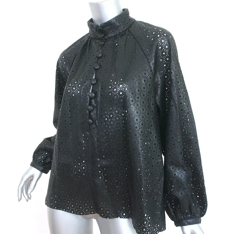 Zara Laser Cut Faux Leather Blouse Black Size Small Long Sleeve Top