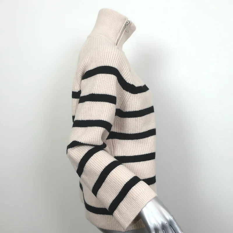 Zara Zip Turtleneck Sweater Ecru/Black Striped Knit Size Small